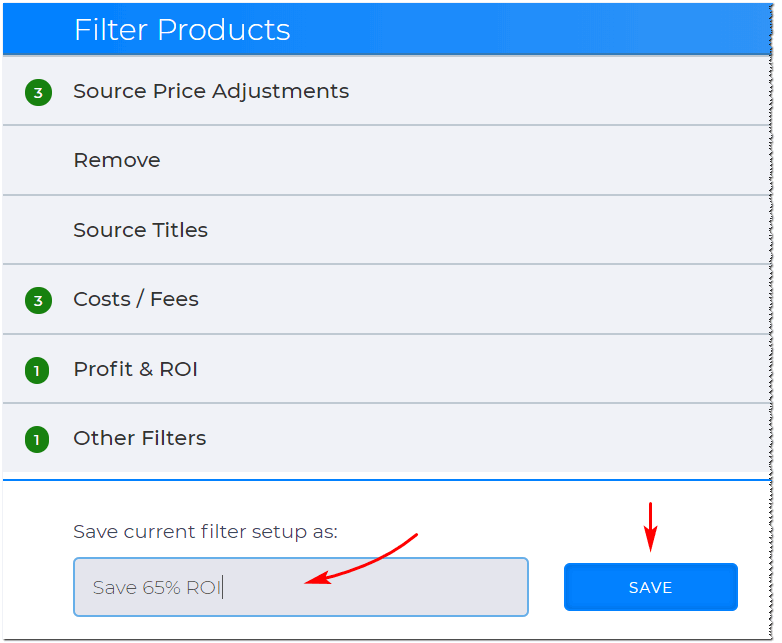 Saving filter settings