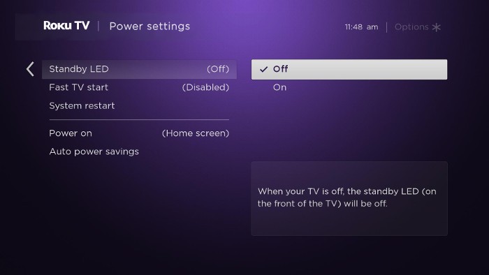 Roku power settings onscreen menu