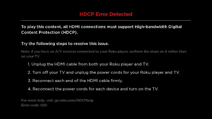 hdcp error detected message on HDMI on Roku device