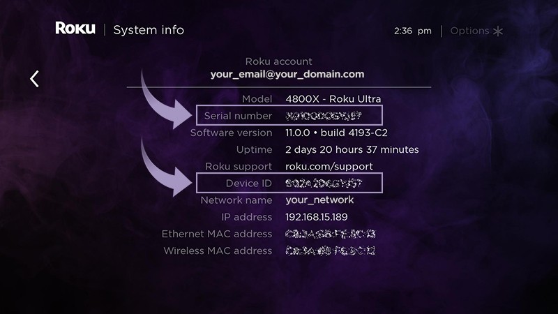 Find the serial number and device ID on the About screen on your Roku device