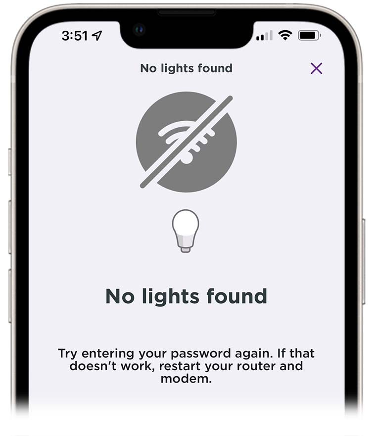 Roku Smart Home mobile app error screen showing 'No lights found'