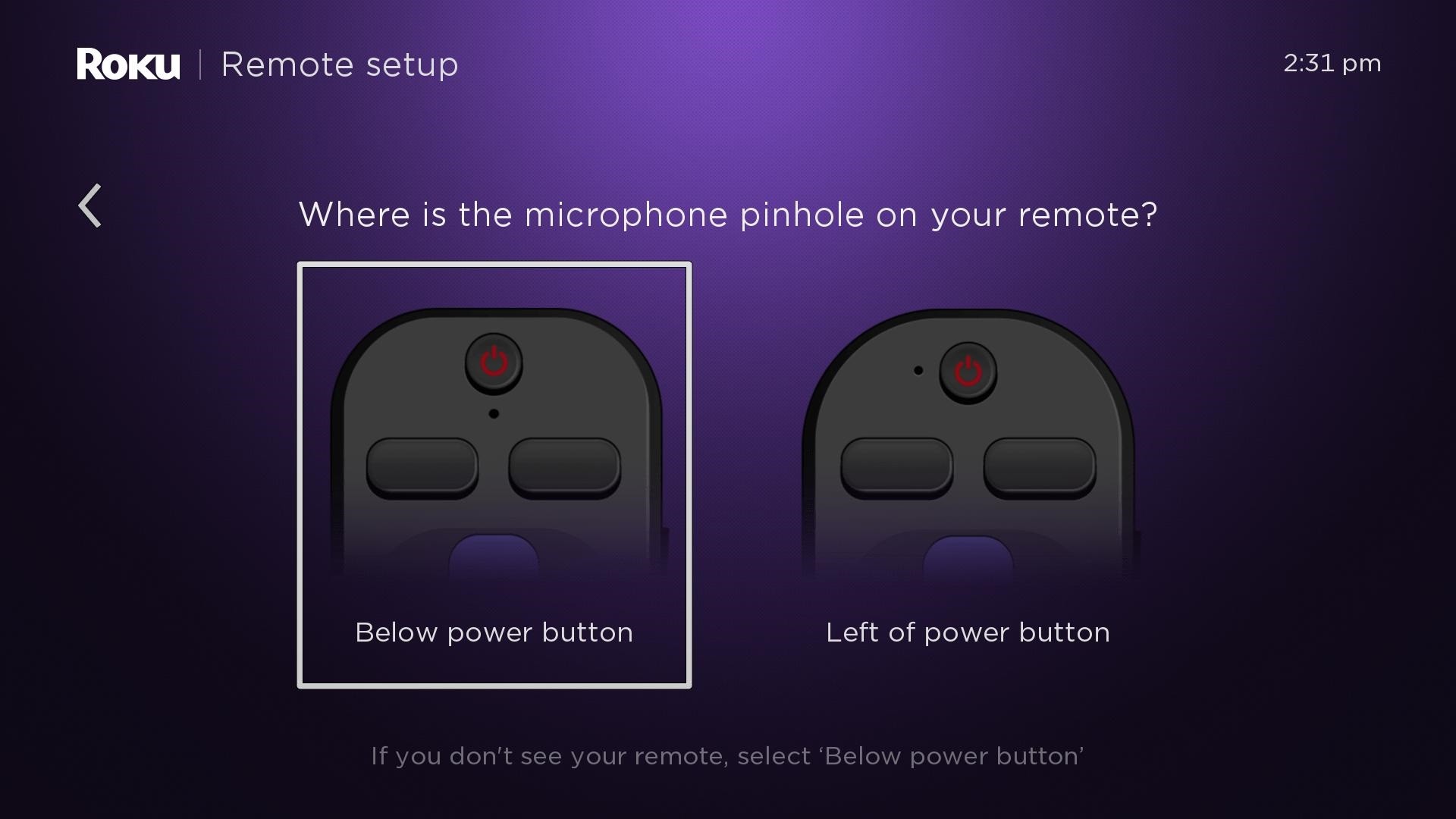 Roku voice remote pairing screen instructions for microphone location