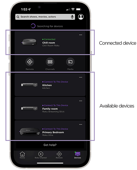 Change the name and location from the Devices screen in the Roku mobile app