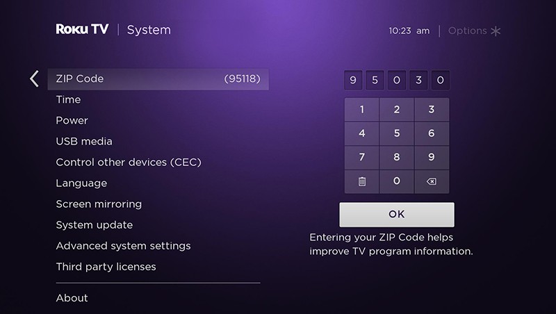 Zip code entry in Roku Seetings menu