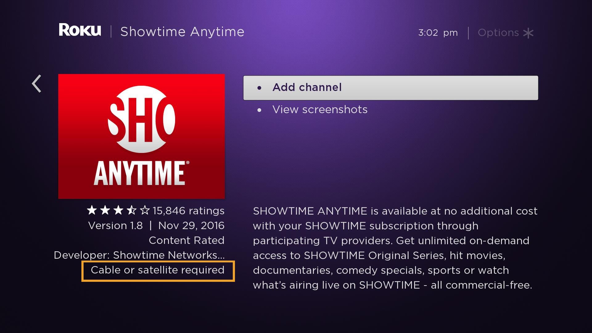 Showtime Anytime details screen on Roku