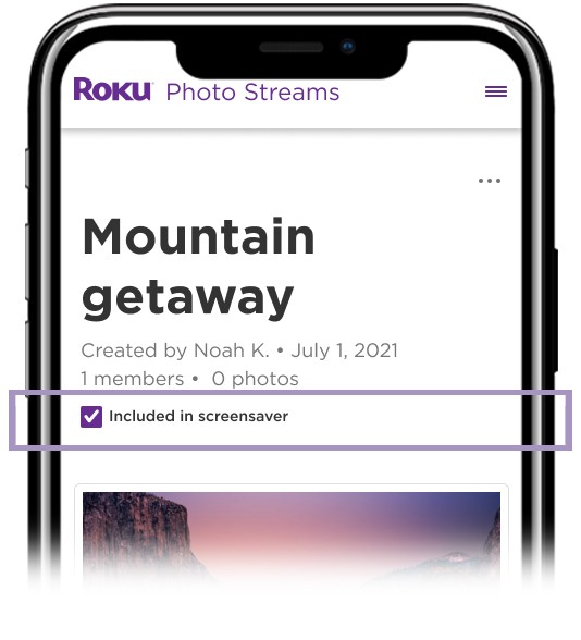 Using the Roku mobile app to choose to include a Photo Stream in the screensaver on your Roku streaming device