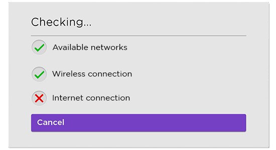 Connection check showing a red X next to Internet connection