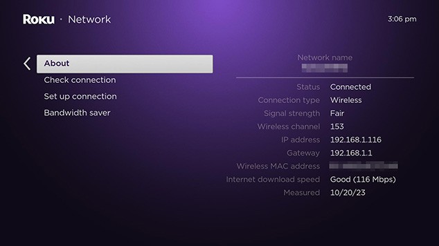 Screenshot of the Network About screen on a Roku streaming device.