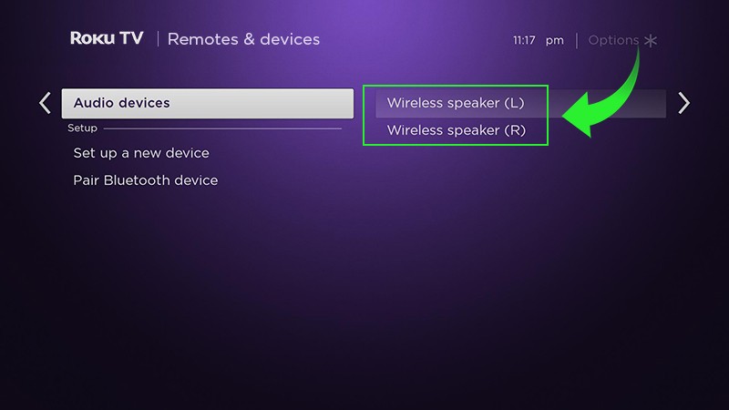 Remotes and devices pages shows my Roku wireless speakers connected successfully