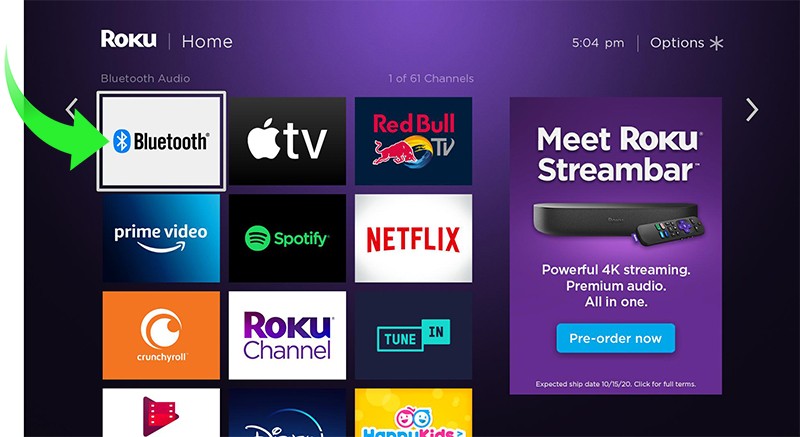 Bluetooth channel in Roku channel grid