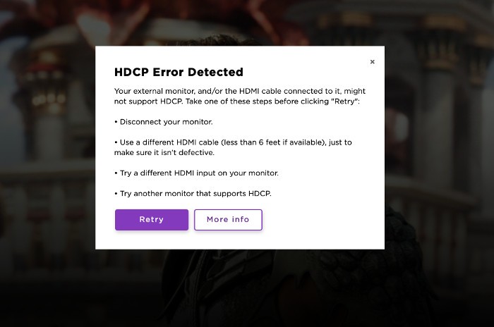 HDCP Error detected message on The Roku Channel on external monitor