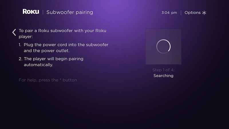 Initial Roku wireless subwoofer pairing screen