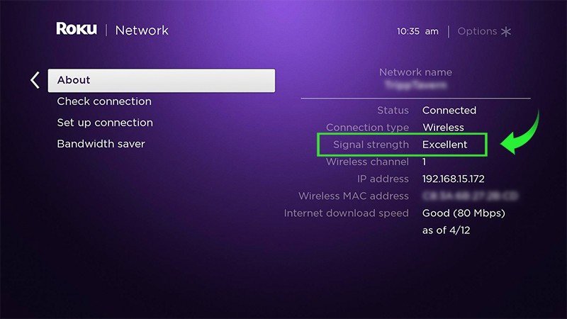 Roku device network about screen