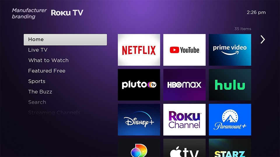 Roku OS Home Screen Menu with manufacturer branding in the upper left corner