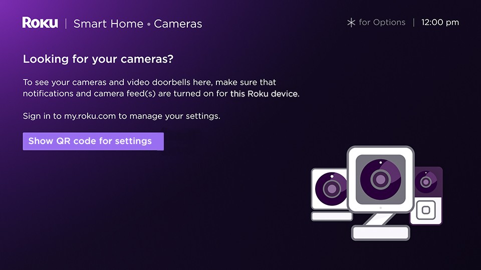 Looking for your cameras? message from the Roku Cameras channel