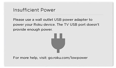 Roku Home screen with low power USB warning