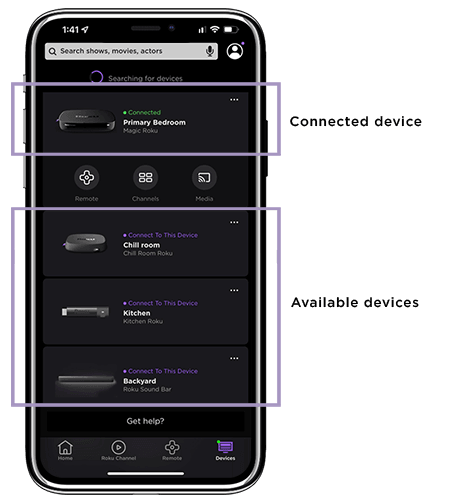 device selection screen on Roku mobile app