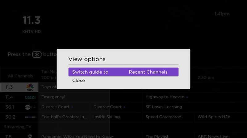 Live TV Channel Guide view options pop-up menu with recent channels selection