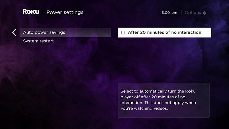 Roku settings screen for disabling auto power savings