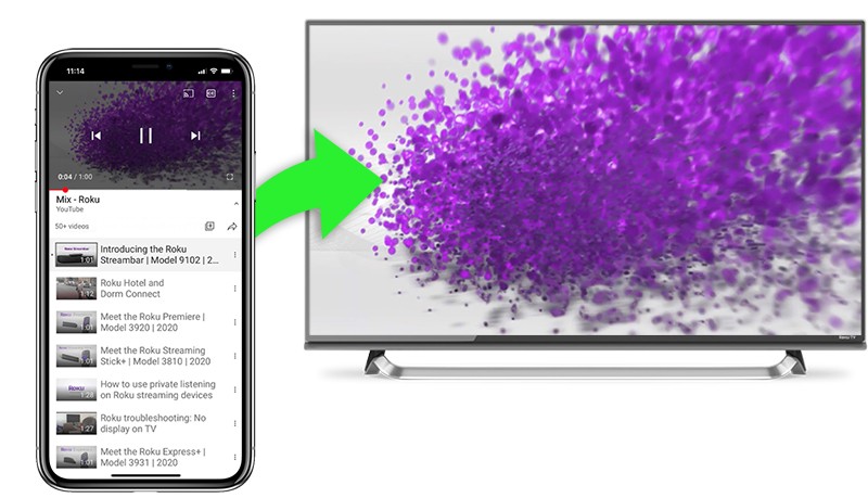 example of casting YouTube to your Roku device