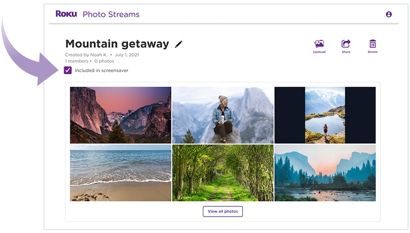 Using a web browser to choose to include a Photo Stream in the screensaver on your Roku streaming device