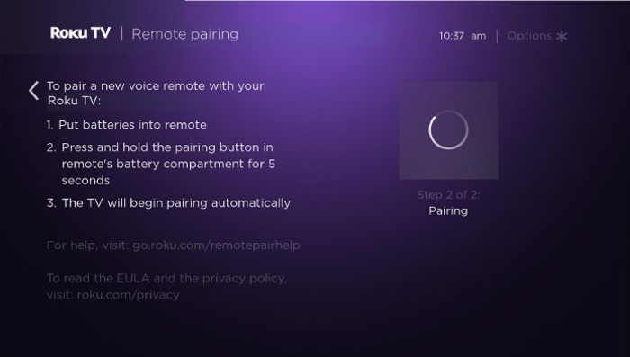 Roku Touch pairing screen