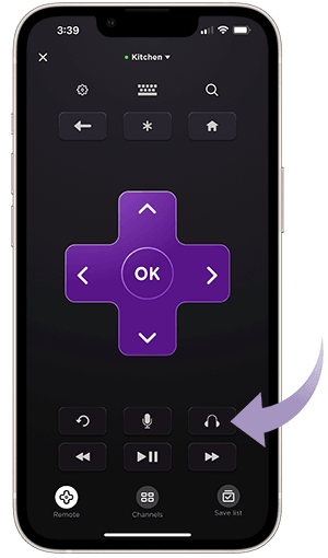 Remote screen on the free Roku mobile app showing the headphone icon