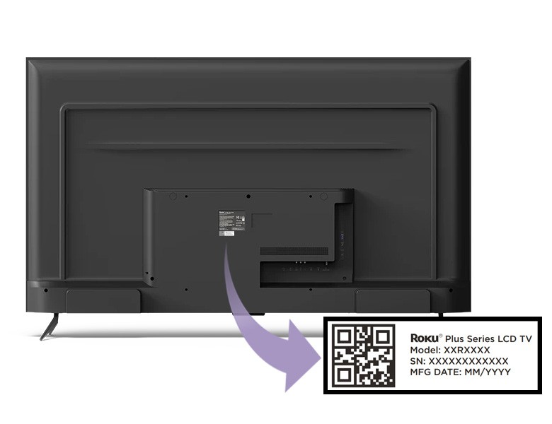 Roku Branded TV with serial number highlighted on the back of the device