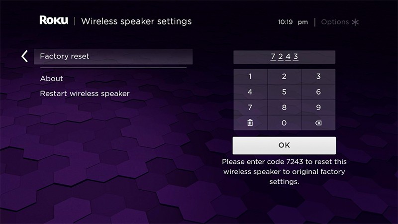 Enter factory reset code to confirm factory reset of Roku wireless audio device