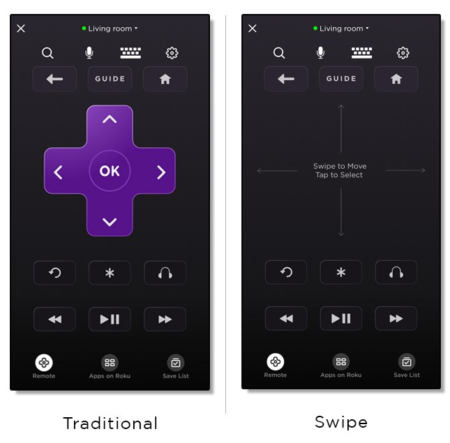 Roku mobile app - traditional versus swipe remote control