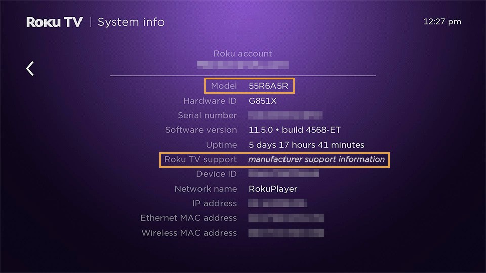 Roku OS system info screen with the Model field and Roku TV Support field highlighted