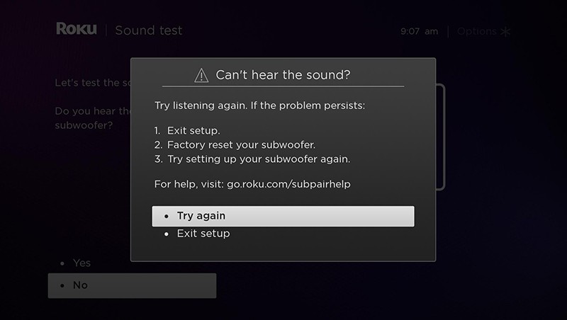 Unable to hear Roku subwoofer test sound