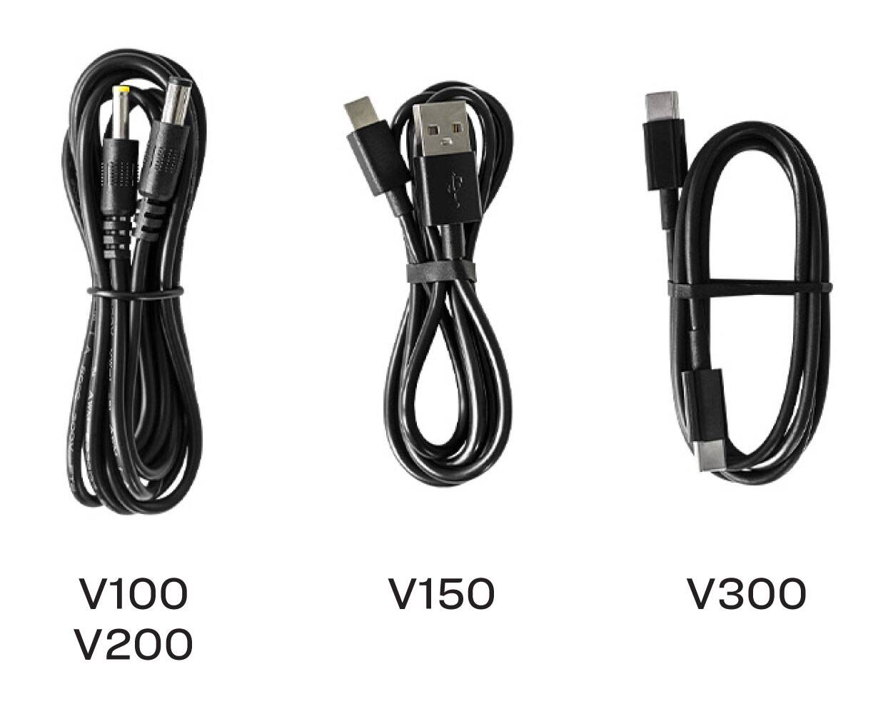 With the Universal Solar Power Bank, use the 12 V cable for the V100 and V200, the USB-A to USB-C for the V150 and the USB-C for the V300.