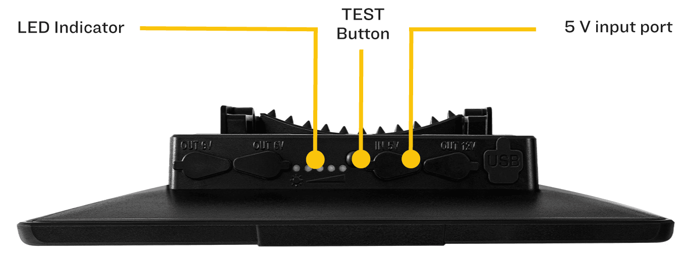 Use the 5 V input port next to the TEST button to charge the Universal Solar Power Bank.