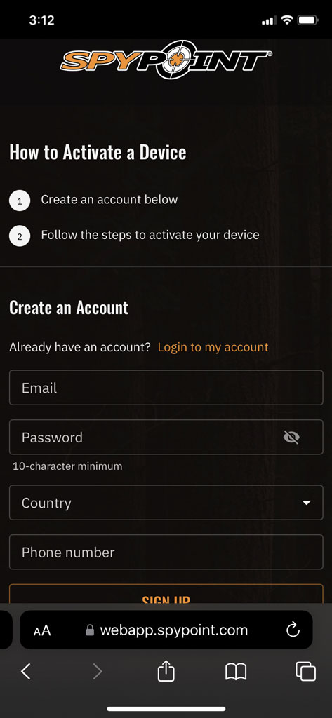 How to create a SPYPOINT account on the website.