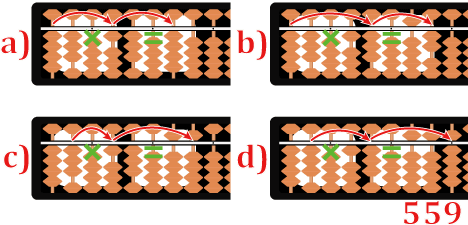 Abacus shows how to record the product of the alternating column multiplication in the answer columns, starting after the "=" column.