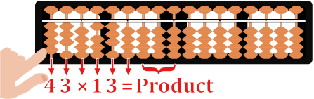 Abacus shows how to multiply 43 and 13. Starting at the furthest left column of the abacus, columns are assigned to "4", "3",  default position for "x", "1", "3", and default position for "=". 